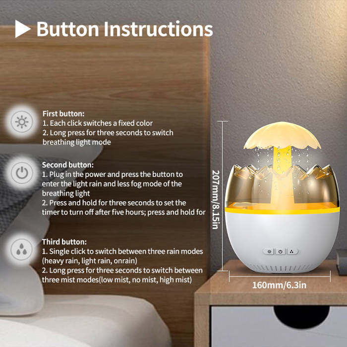 Rain Fine Mist Cloud Humidifier Water Drip Mushroom Humidifier Falls Lamp with 7 Colors Light Eggshell Rainfall Humidifier Aroma Diffuser for Home Office