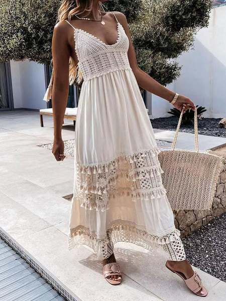 Fashion Lace Sleeveless Stitching Swing Long Dress