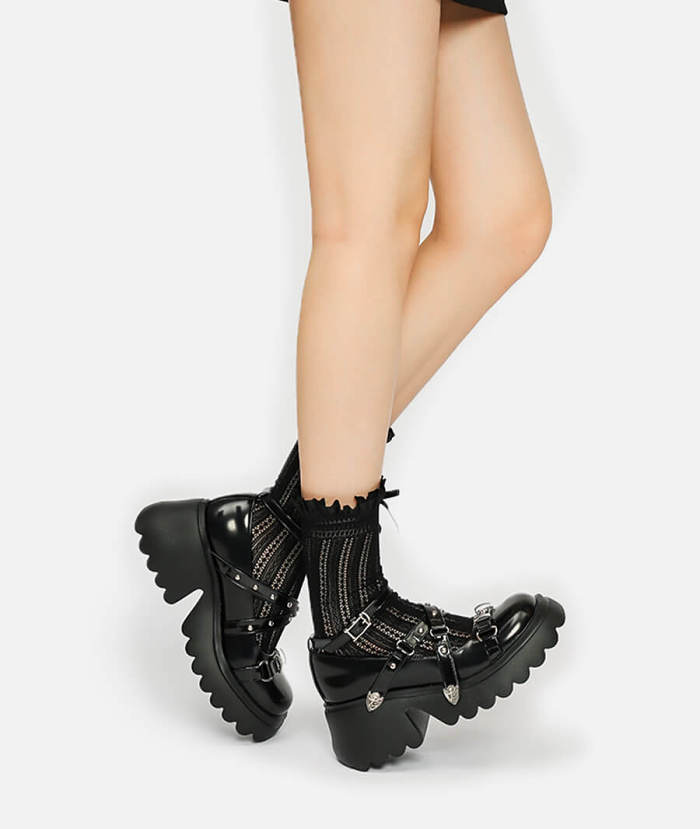 Cross Strap Rivet Black Mary Jane Shoes