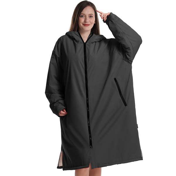 Adult Waterproof Bathrobe，Windproof Swim Parka Oversized Surf Poncho Hooded Warm Coat Fleece Lining