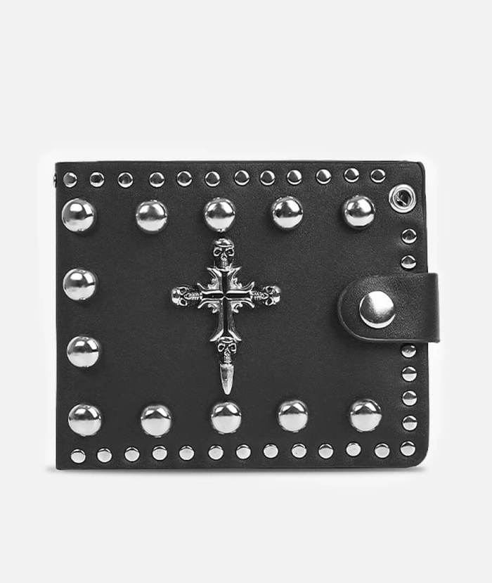 Black Chain Wallet With Cross & Rivets