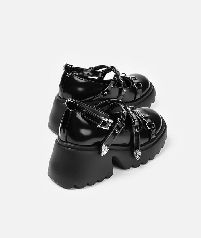 Cross Strap Rivet Black Mary Jane Shoes