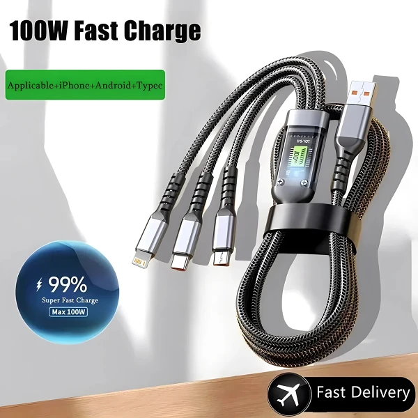 3 in 1 Fast Charging Transparent Luminous 100w Cable