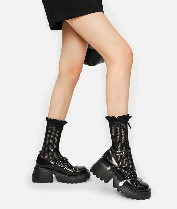 Cross Strap Rivet Black Mary Jane Shoes