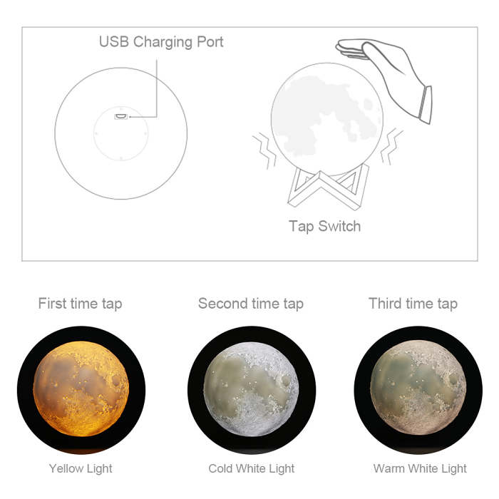 Luna Moon Lamp, 3D Printing Moon Night Light Rechargeable Touch Sensor LED