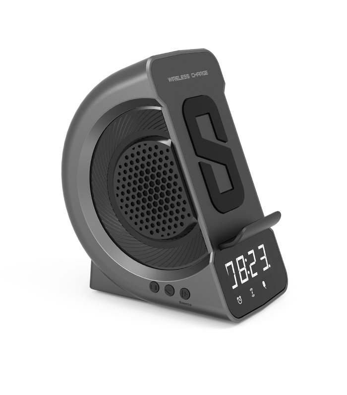 Portable Bluetooth speaker with wireless charging.
