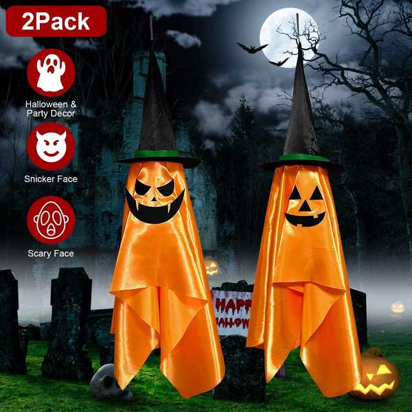 2-Pack: Hanging Ghosts with Wizard Hat Snicker Scary Face