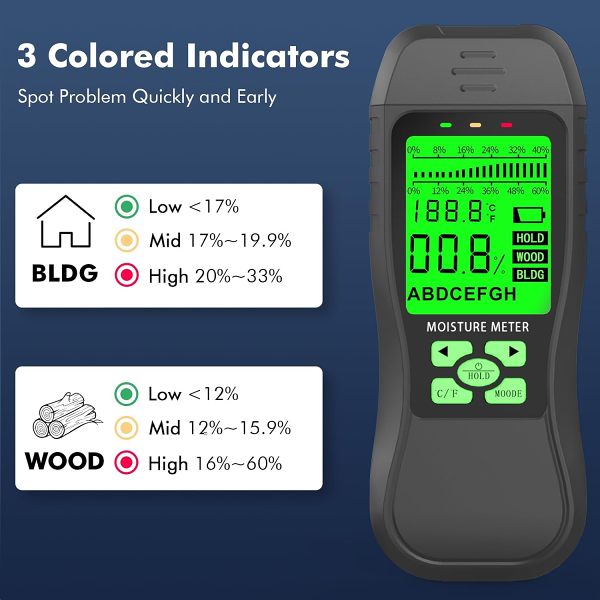Wood Moisture Meter Moisture Indicator Moisture Meter with LCD Display 8 Calibration Scales and Auto-Off Function Wood Moisture Meter for Wood Cardboard Concrete Paper Bricks