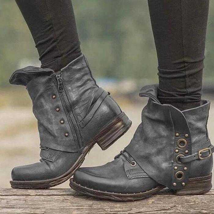 Women's chunky short motorcycle boots square toe retro ankle boots