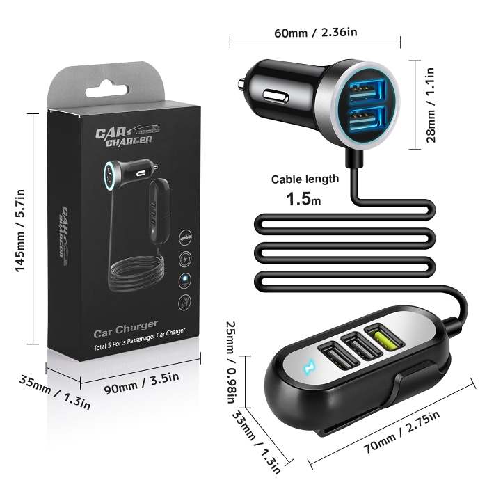 5 Multi Ports Car Charger 42W QC 3.0 Fast USB Adapter Cigarette Lighter with 5FT Cable for iPhone Samsung Android