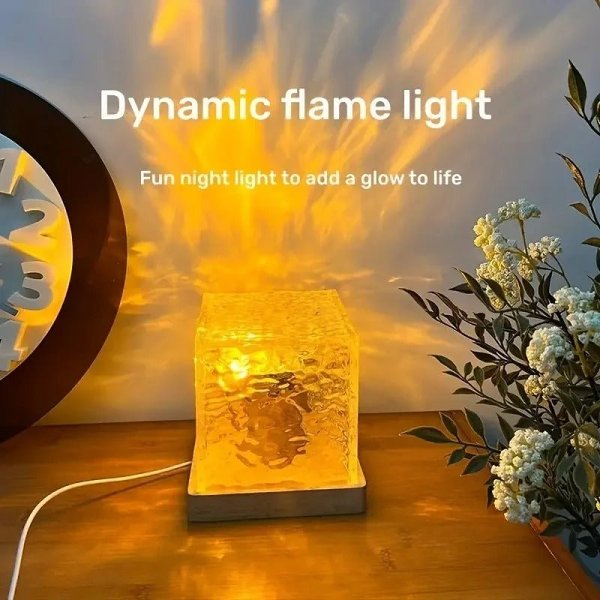 Water Ripple Cube Crystal Projector Lamp - 16 Colors Flame Crystal Lamp for Living Room, Study Room and Bedroom Rotating Light