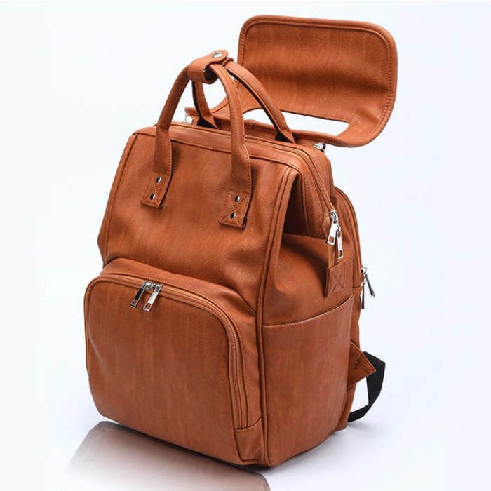 Leather Diaper Bag Backpack with Changing Pad & Stroller Straps