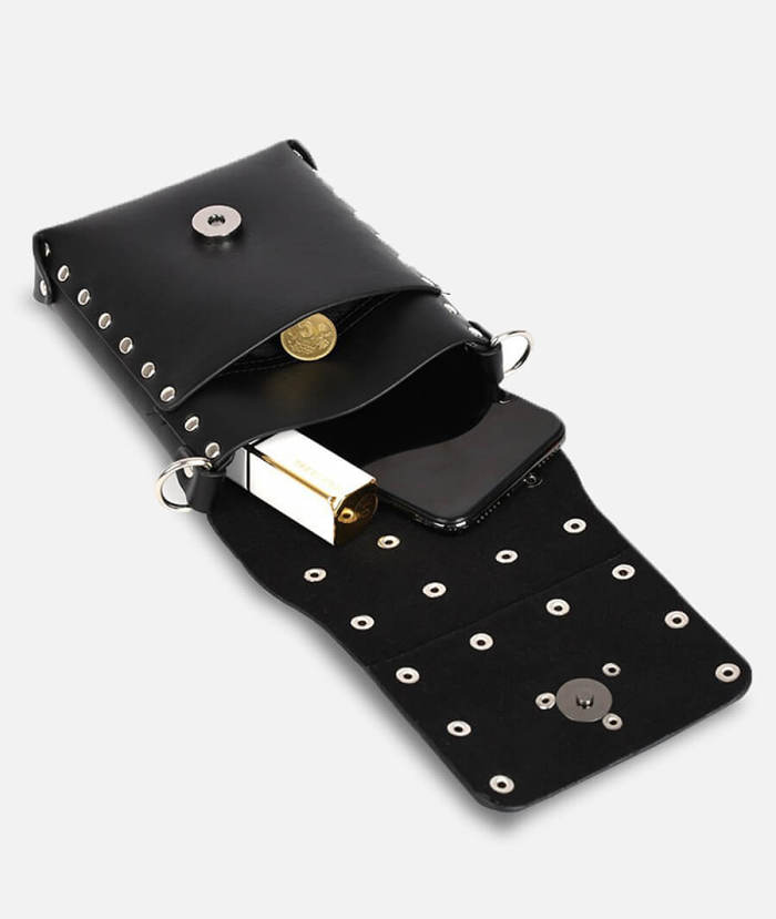Black Phone Crossbody Bag With Skull Rivets