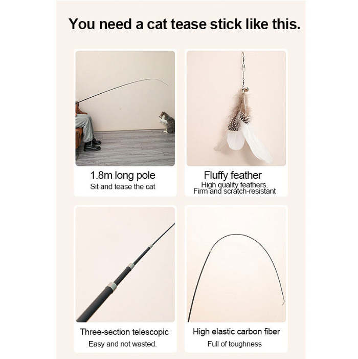 Extendable cat-teasing stick with feather.