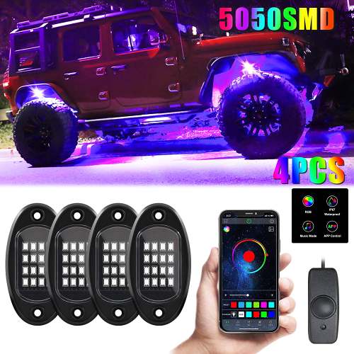 (4 pods) RGB LED Rock Lights, 90 LEDs Multicolor Neon Underglow Light Waterproof Music Lighting Kit with APP & RF Control