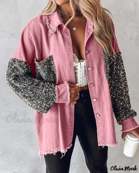 Stylish Sequined Shacket with Raw Hem