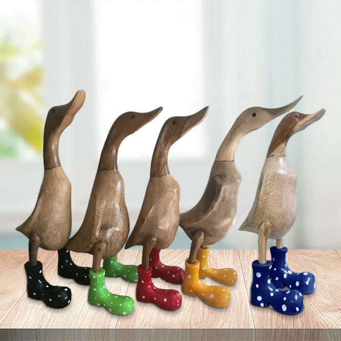 Hand Carved Duck Ornament with Spotty Wellies Family