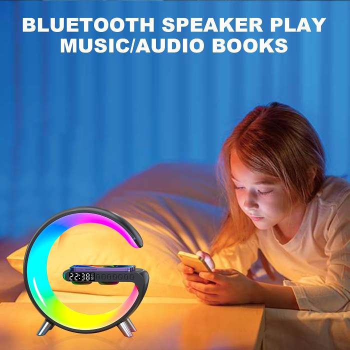 Wireless Cellphone Charger Intelligent Bluetooth Speaker LED Lamp, Multifunctional RGB Night Light Alarm Clock & Charging Station