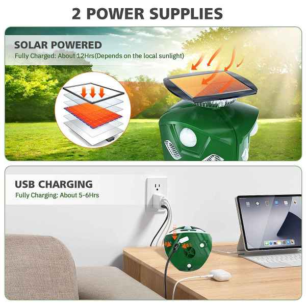 360° Electric Solar Powered Ultrasonic Repeller with Motion Sensor LED Flashing Lights