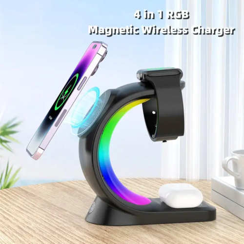 4 In 1 Magnetic Wireless Charger Fast Charging For Smart Phone Atmosphere Light Charging Station For Airpods Pro I-phone Watch by Veasoon