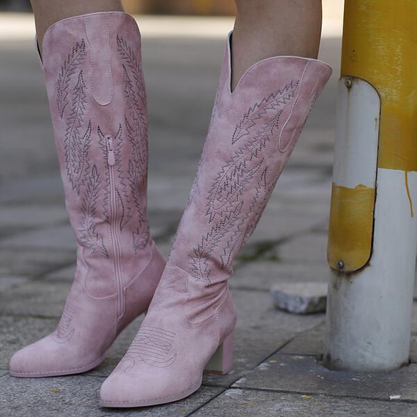 Embroidered Chunky Heel Women Wide Calf Pink Western Cowboy Boots