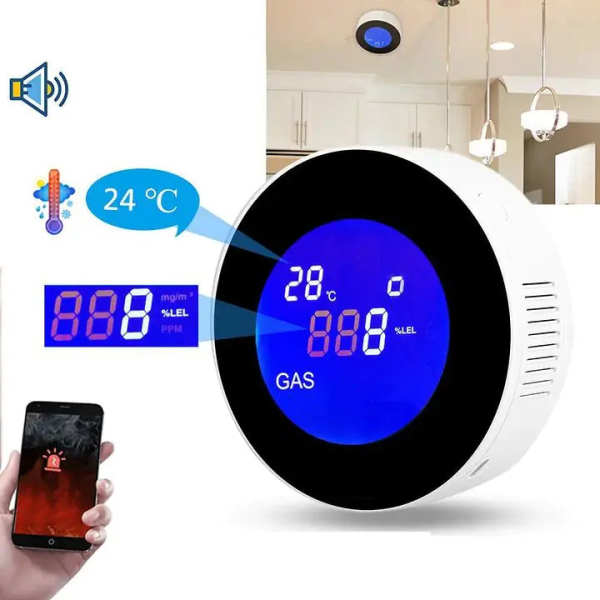 Wi-Fi Smart Natural Gas Detector - Digital LCD Temperature Display Gas Sensor for Home Kitchen by Veasoon