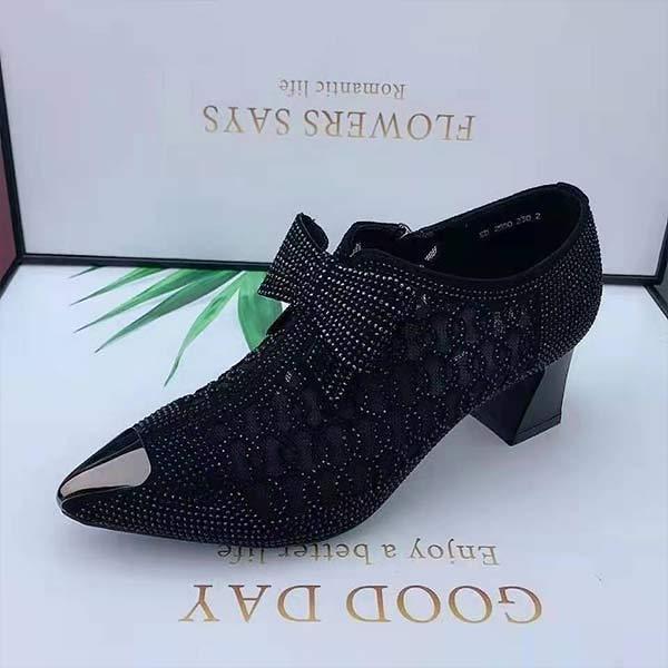 Women's Hollow Mesh Rhinestone Chunky Heel Mid-Heel Pointed-Toe Sandals