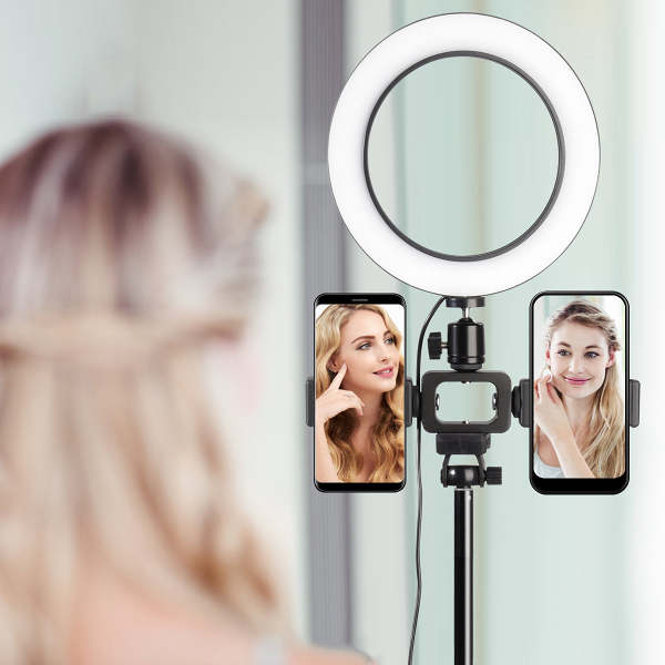 3 Colors LED Ring Light with Tripod Stand Phone Holder Remote Control Adjustable Height Multi USB Charging Cable