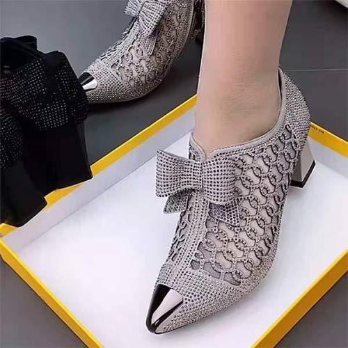 Women's Hollow Mesh Rhinestone Chunky Heel Mid-Heel Pointed-Toe Sandals