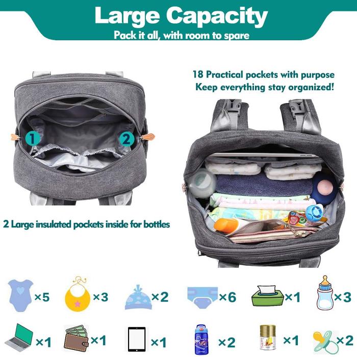 All in One Baby Diaper Bag Backpack with Pacifier Holder & Stroller Straps