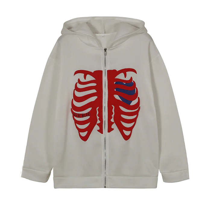 Women's Zip Up Skeleton Letter Hoodie Sweatshirt