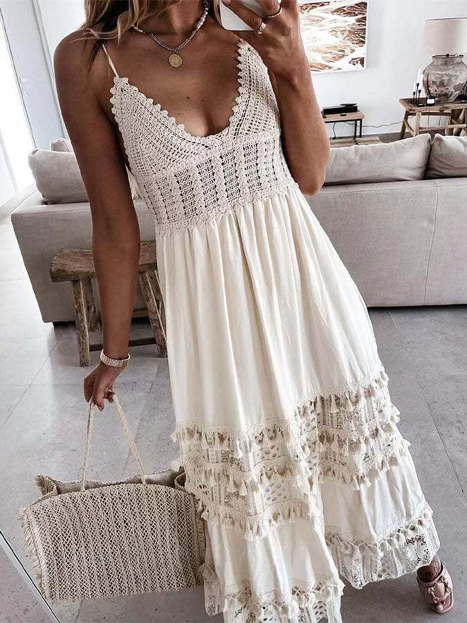 Fashion Lace Sleeveless Stitching Swing Long Dress