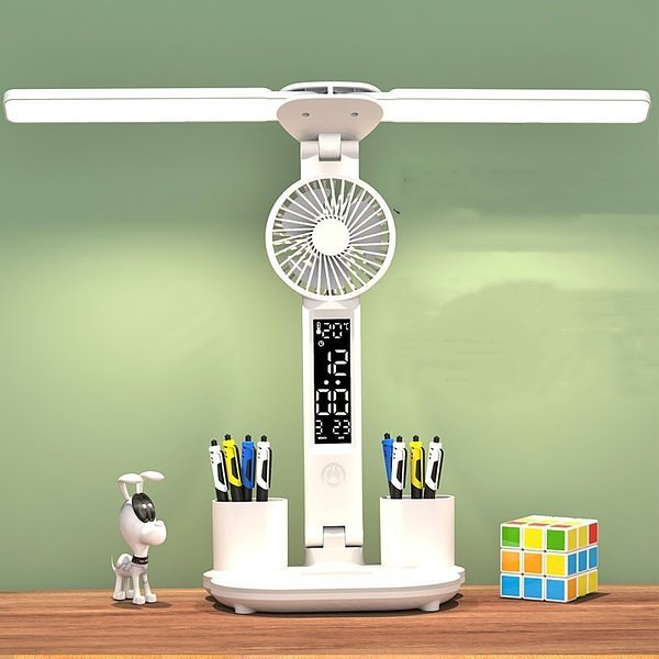 3-in-1 Multifunction LED Table Lamp - Four-Headed Folding Design with Fan, Calendar, Clock, USB Rechargeable Desk Light, and 3-Color Reading Lamp