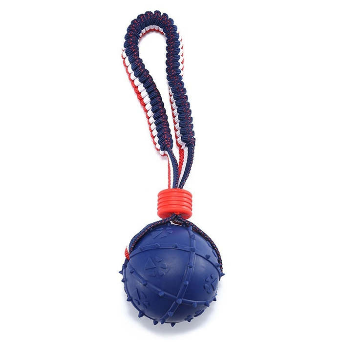 Interactive dog toy ball with rope.