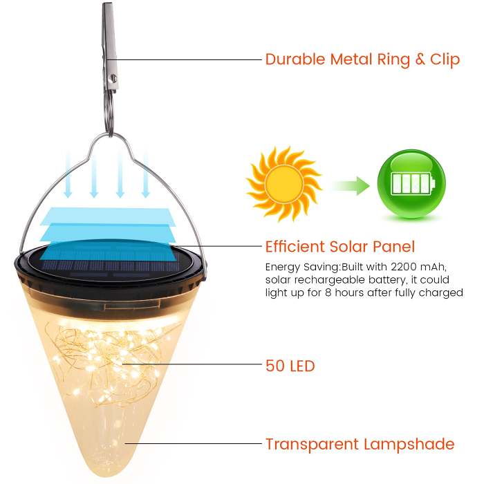 Solar Garden Conical LED Light  Outdoor Tree Hanging Lantern Cone Shape Decor Lamp with Hook for Garden Patio Deck Yard Path Lawn