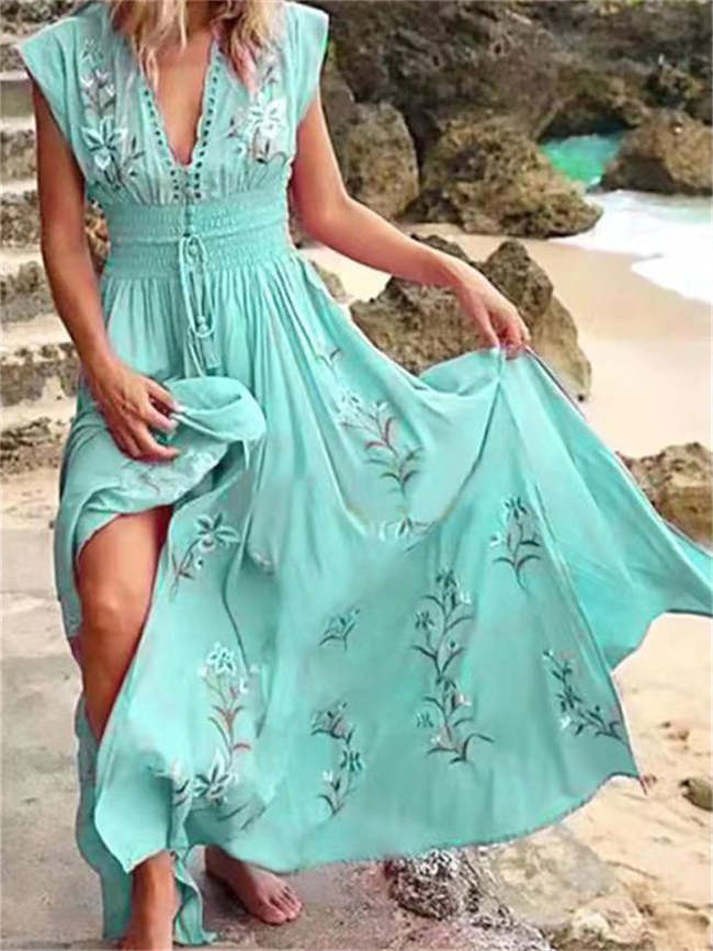 Women's Bohemian V Neck Chiffon Flowy Vacation Dress