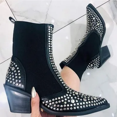 Women'S Pointed Toe Sexy Studded Elastic Booties