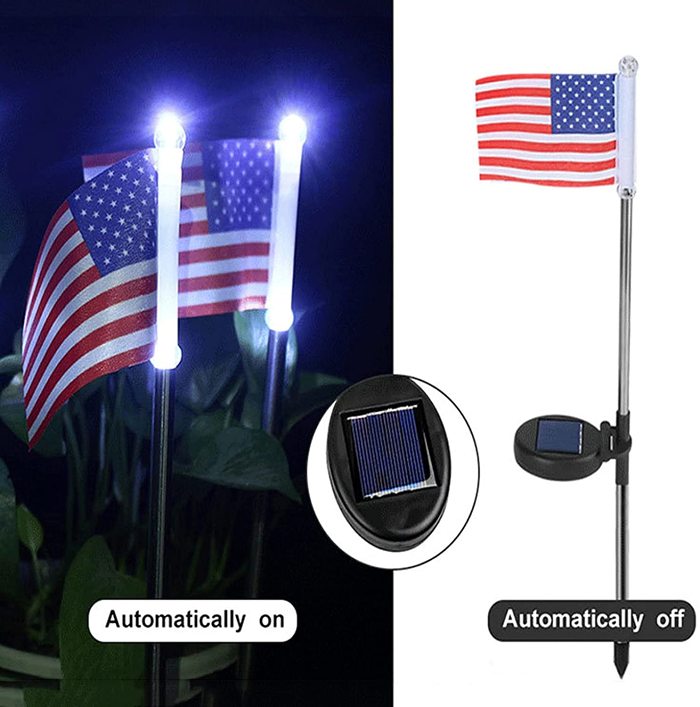 2 PCs Solar-Powered American Flag Garden Stake Lights