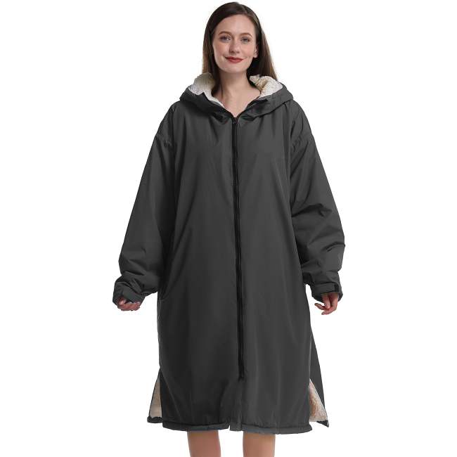 Adult Waterproof Bathrobe，Windproof Swim Parka Oversized Surf Poncho Hooded Warm Coat Fleece Lining