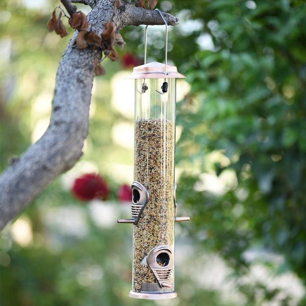 Garden Tube Bird Feeder Hanging with, 4 Copper Feeding Ports Wild Bird Seed Feeder Squirrel-Proof Bird Feeder