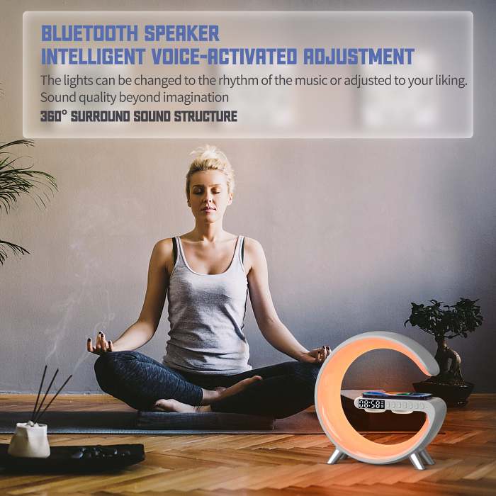 Wireless Cellphone Charger Intelligent Bluetooth Speaker LED Lamp, Multifunctional RGB Night Light Alarm Clock & Charging Station