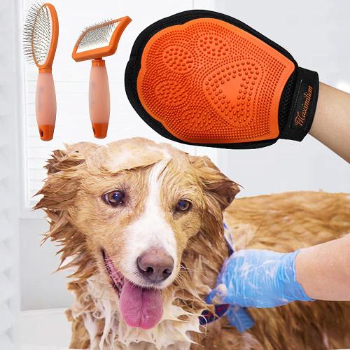 Pet Shampoo & Bath Brush Soothing Massage Rubber Comb & Bath Gloves