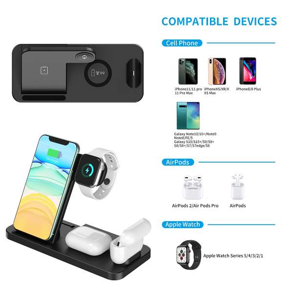 4 in 1 Wireless Charger Charging Station Dock for iPhone/Samsung/iWatch/Airpods,Black/US Plug
