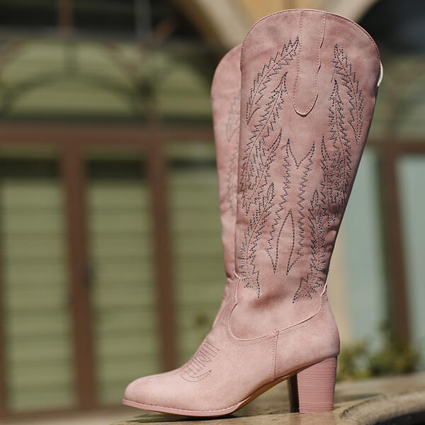 Embroidered Chunky Heel Women Wide Calf Pink Western Cowboy Boots