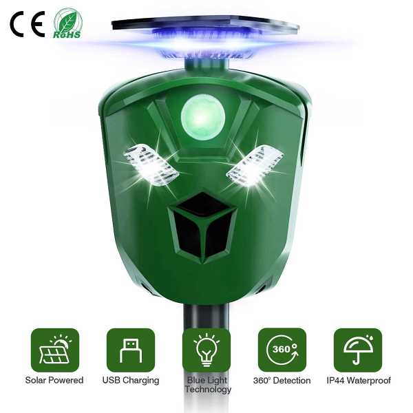 360° Electric Solar Powered Ultrasonic Repeller with Motion Sensor LED Flashing Lights