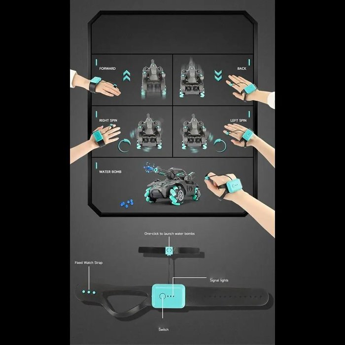 Gesture-Controlled RC Tank - Children's Remote-Control Car with Water Bomb Launcher and Gesture Sensing