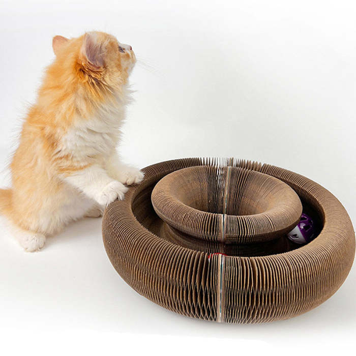 Foldable Cat Scratching Board with Toy Bell Ball, Magic Circular Scratching Box Corrugated Interactive Cat Scratching Toy