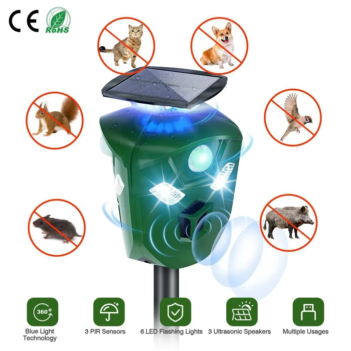 2024 new 360° Electric Solar Powered Ultrasonic Repeller with Motion Sensor LED Flashing Lights