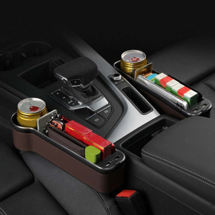 Multi-functional Car Seat Gaps Organizer Storage Box With Two USB Charging LED Light