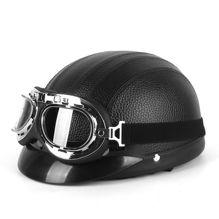 Retro Motorcycle Leather Half Helmet With Goggles Neck Brace 57-62cm